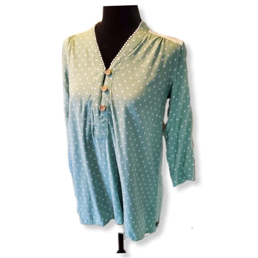 Matilda Jane Mint Green Polka Dot Lace Detail V-Neck Blouse Sz S
